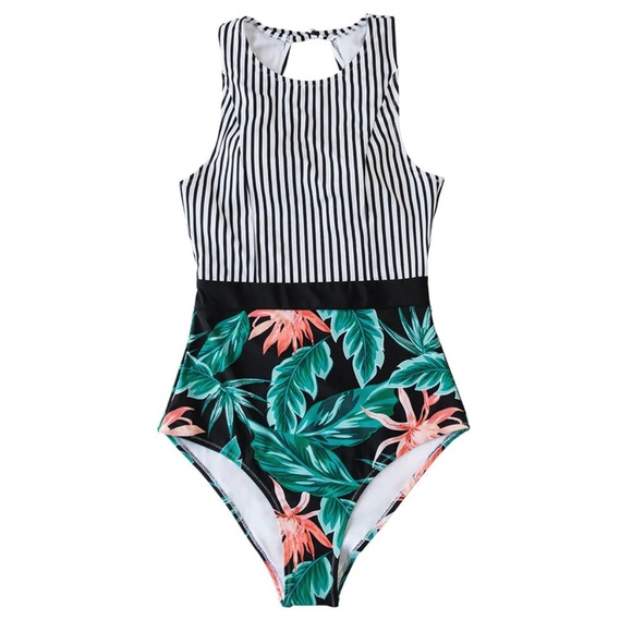 Molybell One Piece Swimsuit Stripes Leaf Print Tummy Control L NWT - Picture 2 of 9